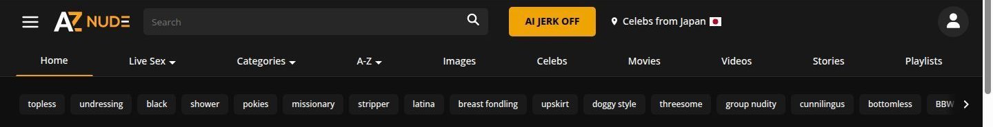 Barre de navigation d'aznude.com avec dix entrées, dont Live Sex et A-Z